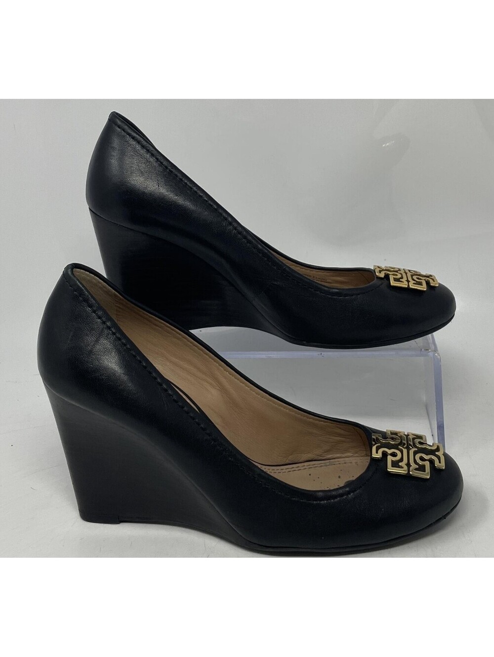 Authentic Tory Burch Womens Black Leather Wedge Pump Heels Size 6.5M Worn